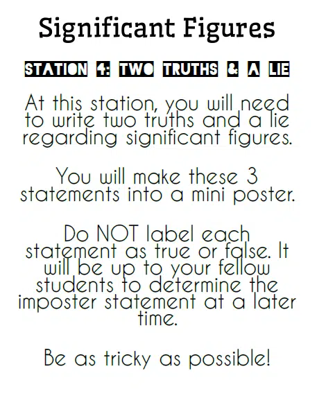 instructions for two truths and a lie significant figures station. 