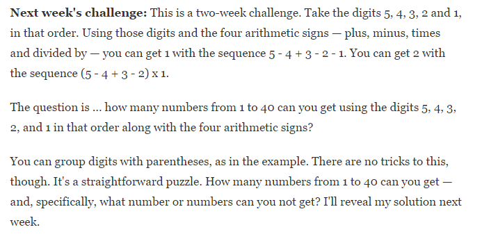 5-4-3-2-1 Challenge (NPR Sunday Puzzle by Will Shortz)