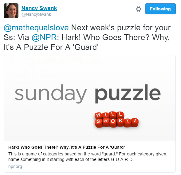 Nancy Swank Tweet about 5-4-3-2-1 Challenge. 