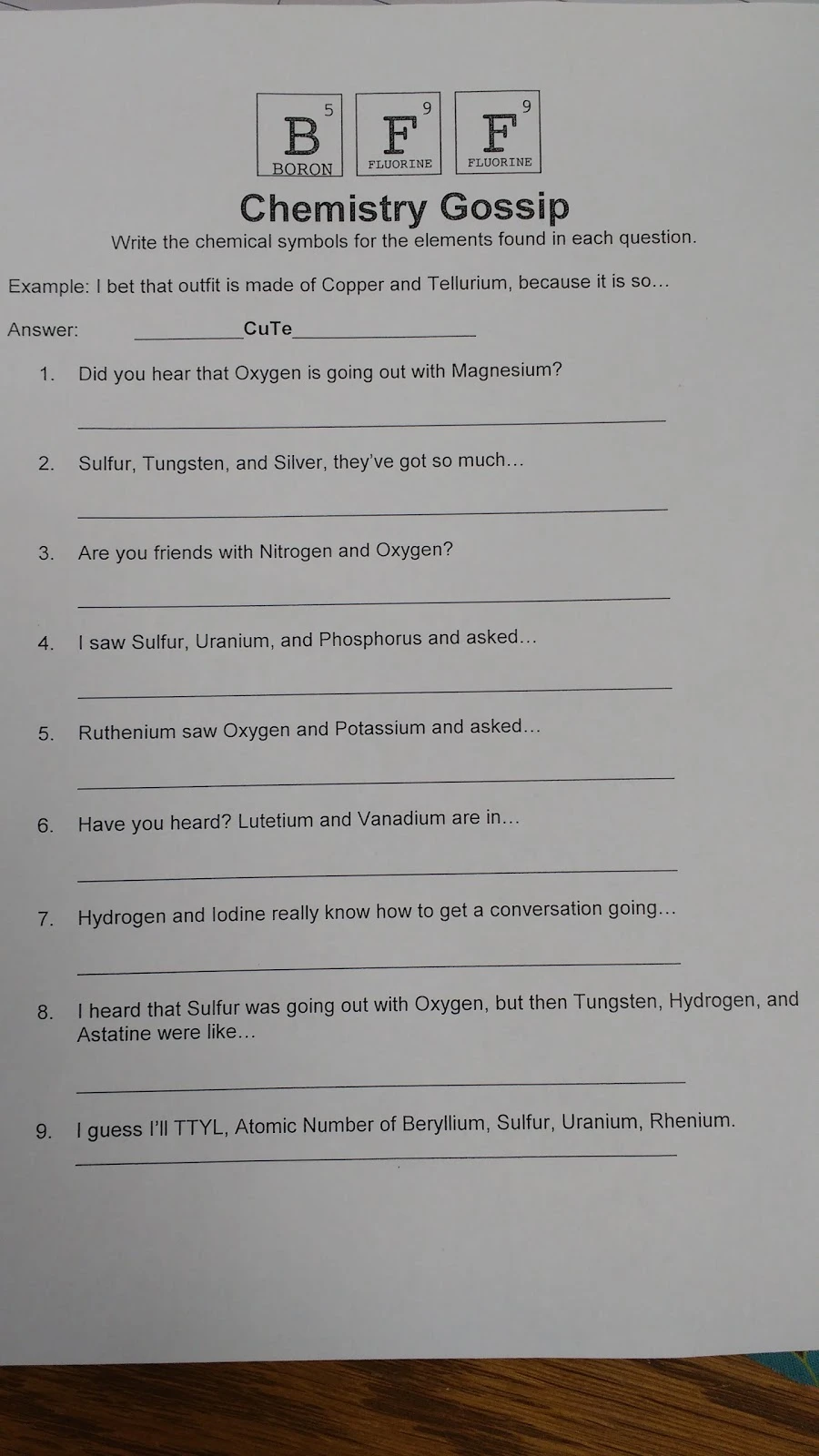 chemistry gossip activity - periodic table practice for chemistry or physical science