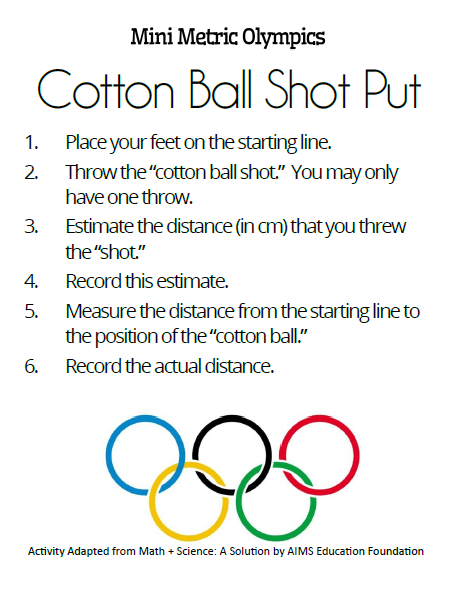 Mini Metric Olympics Cotton Ball Shot Put Instructions. 