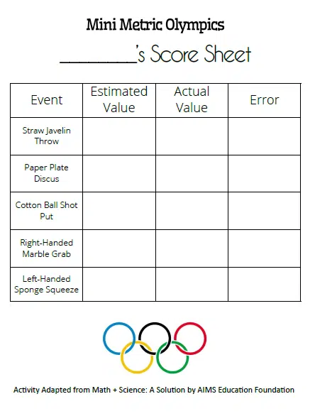 Mini Metric Olympics Activity Score Sheet 