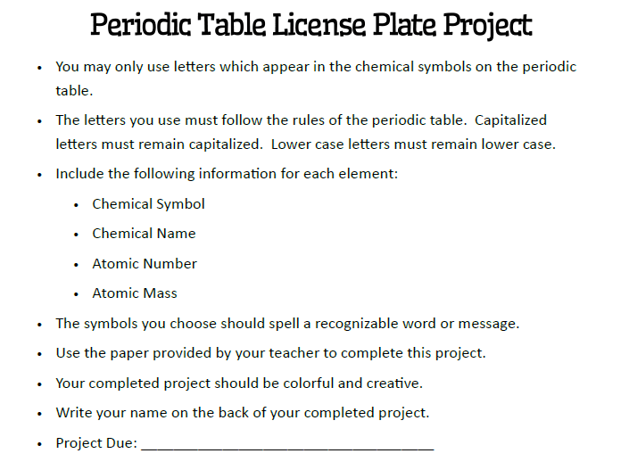 Periodic Table License Plate Project Instructions. 