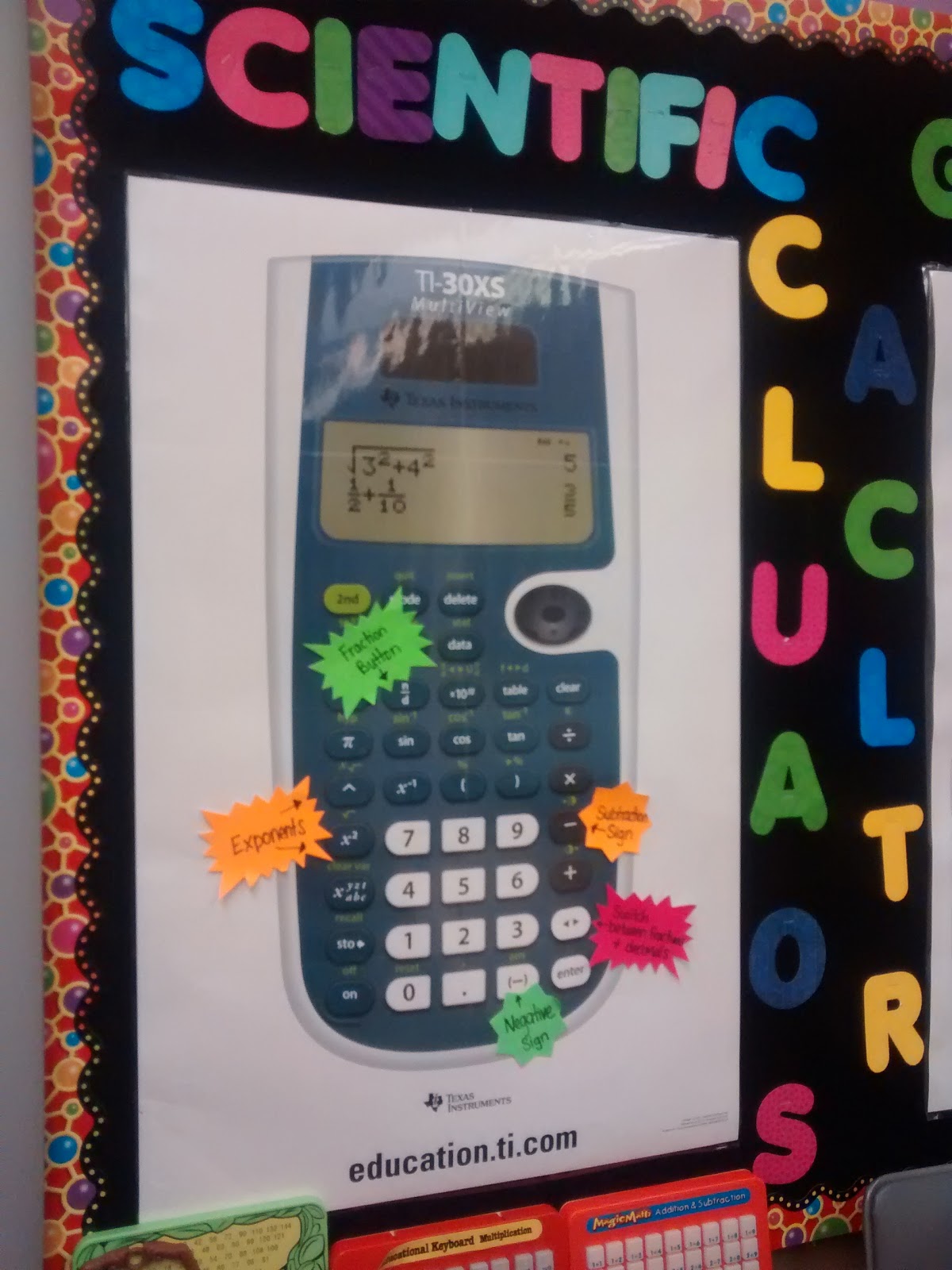 calculator bulletin board with posters of scientific calculator and graphing calculator