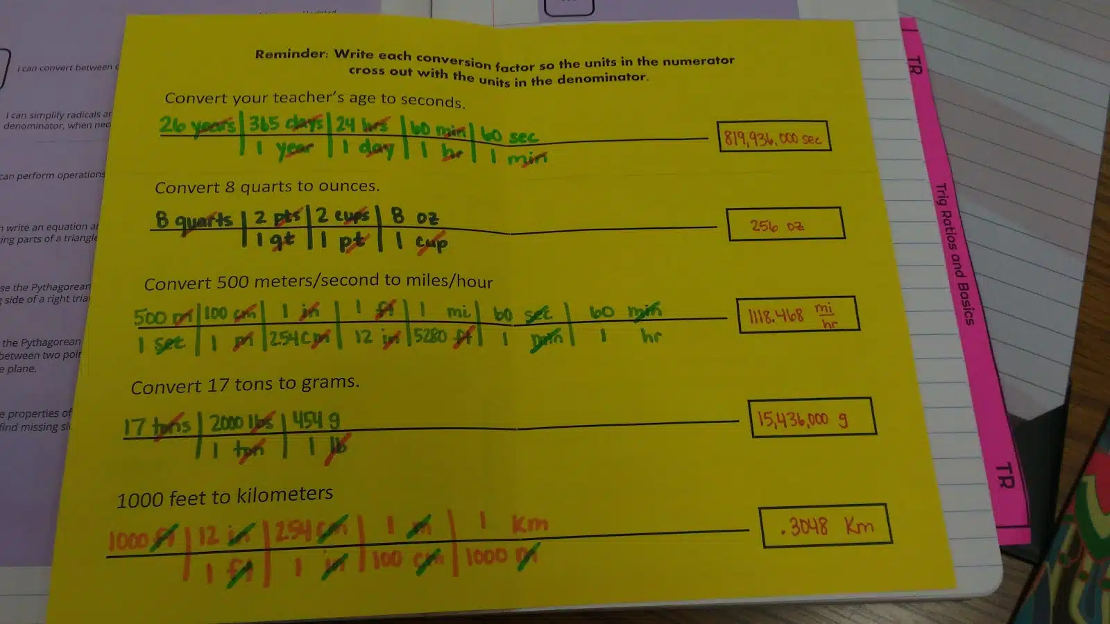 unit conversion notes. 