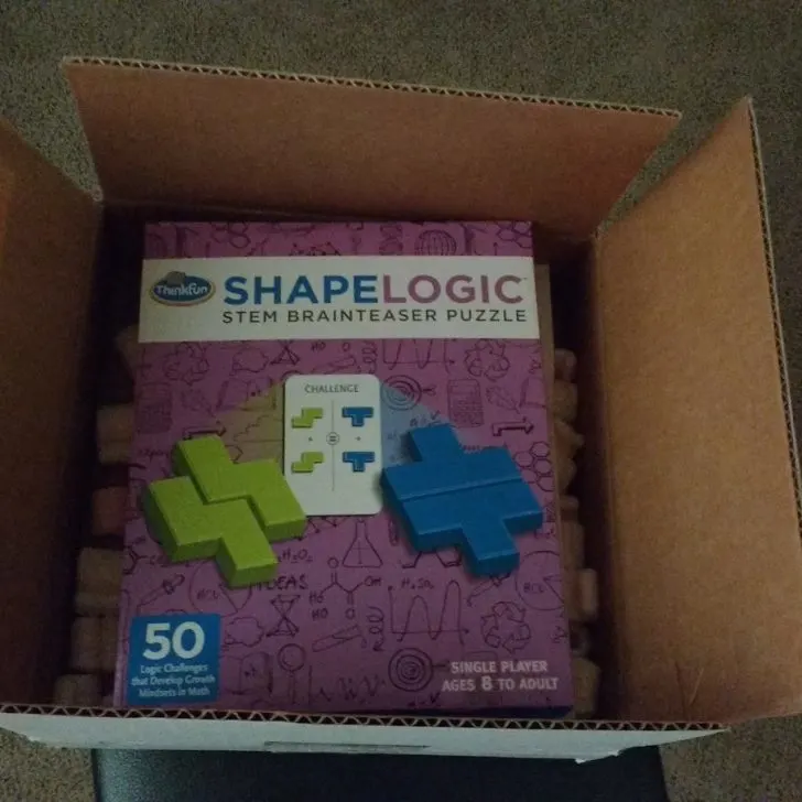 shapelogic game from thinkfun in cardboard box.