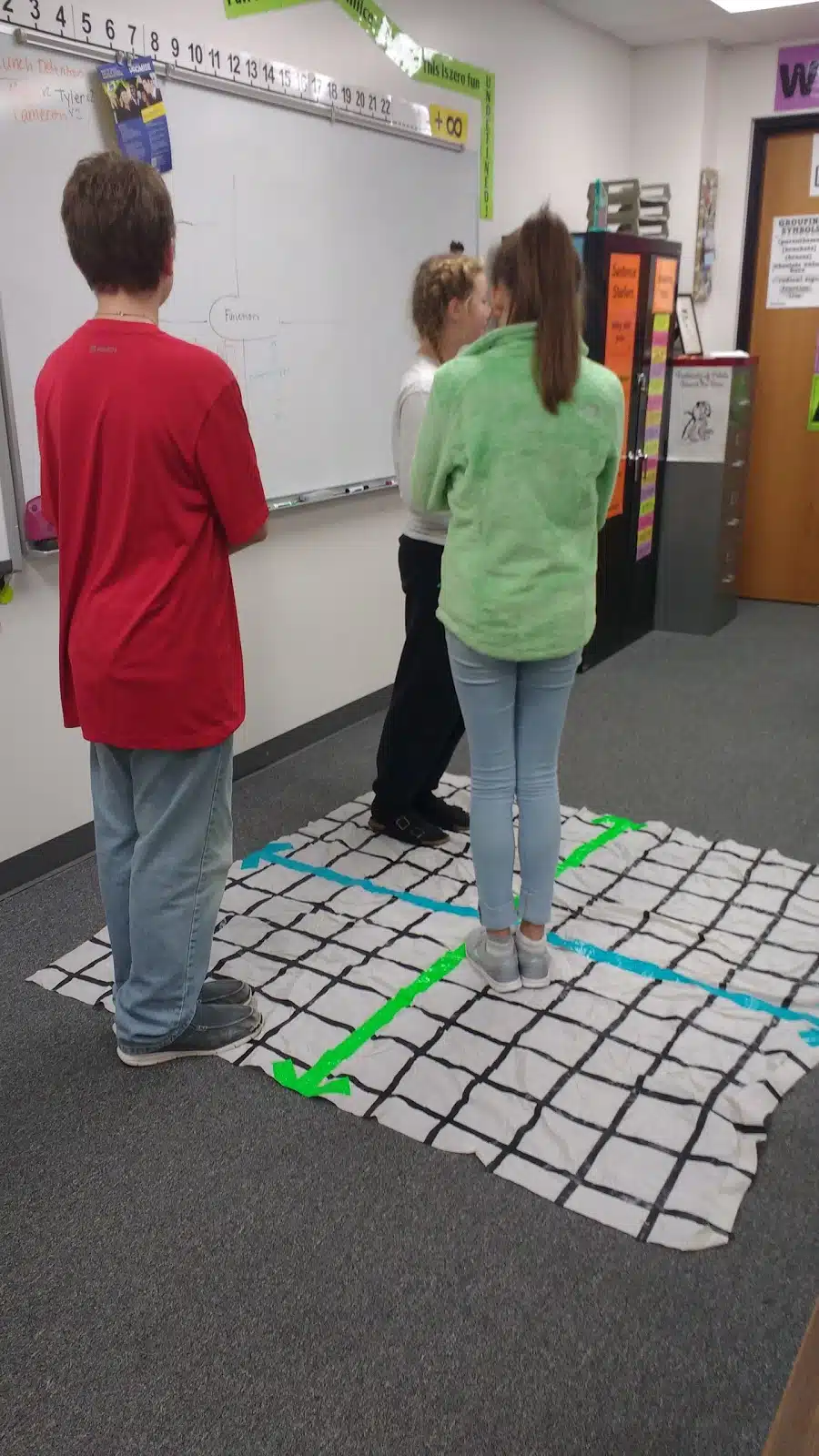 students standing on shower curtain coordinate plane. 