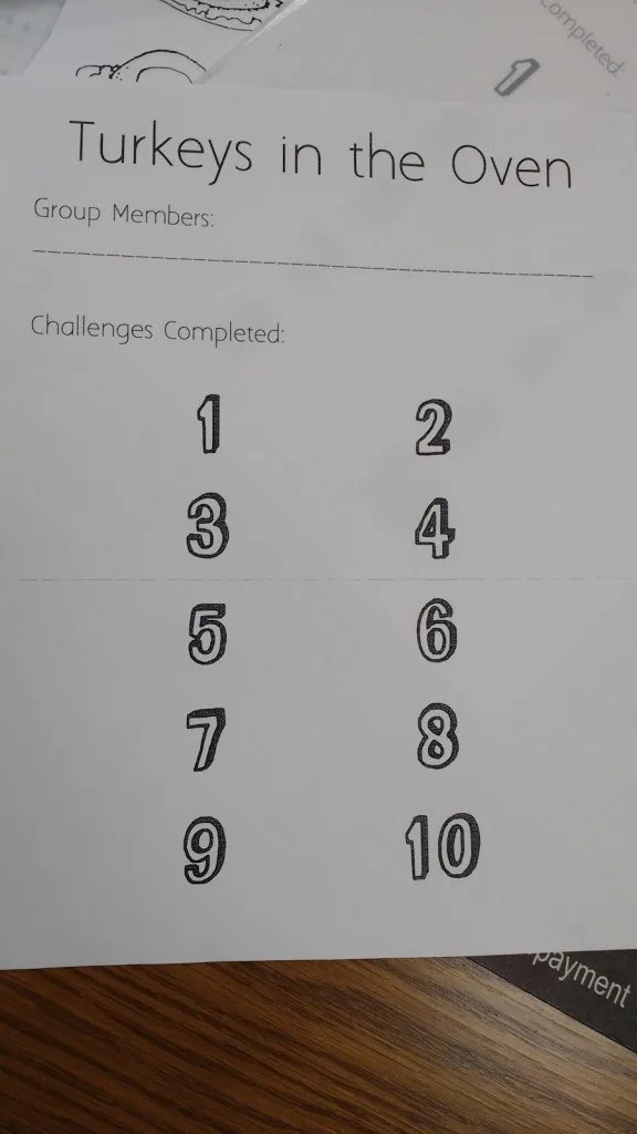 Turkeys in the Oven Challenge Completion Tracking Sheet. 