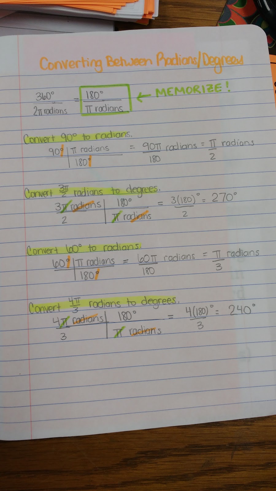 converting between radians and degrees notes. 
