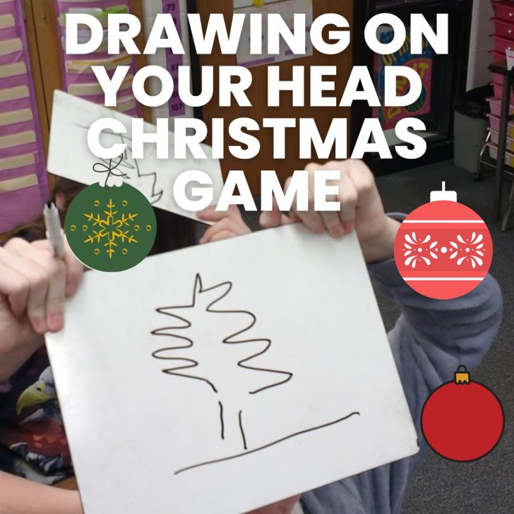 drawing of christmas tree on dry erase board with text "drawing on your head christmas game" 