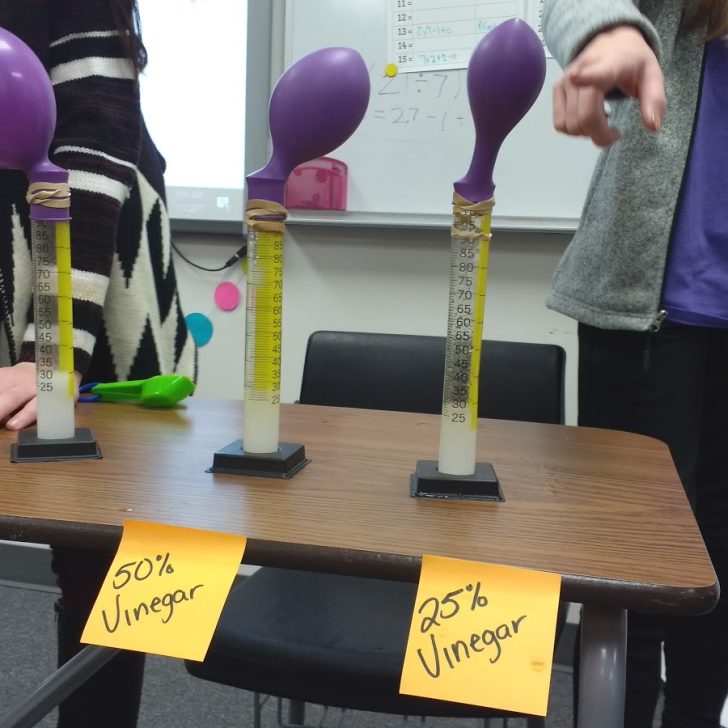 students performing reaction rate lab with balloons attached to graduated cylinders.