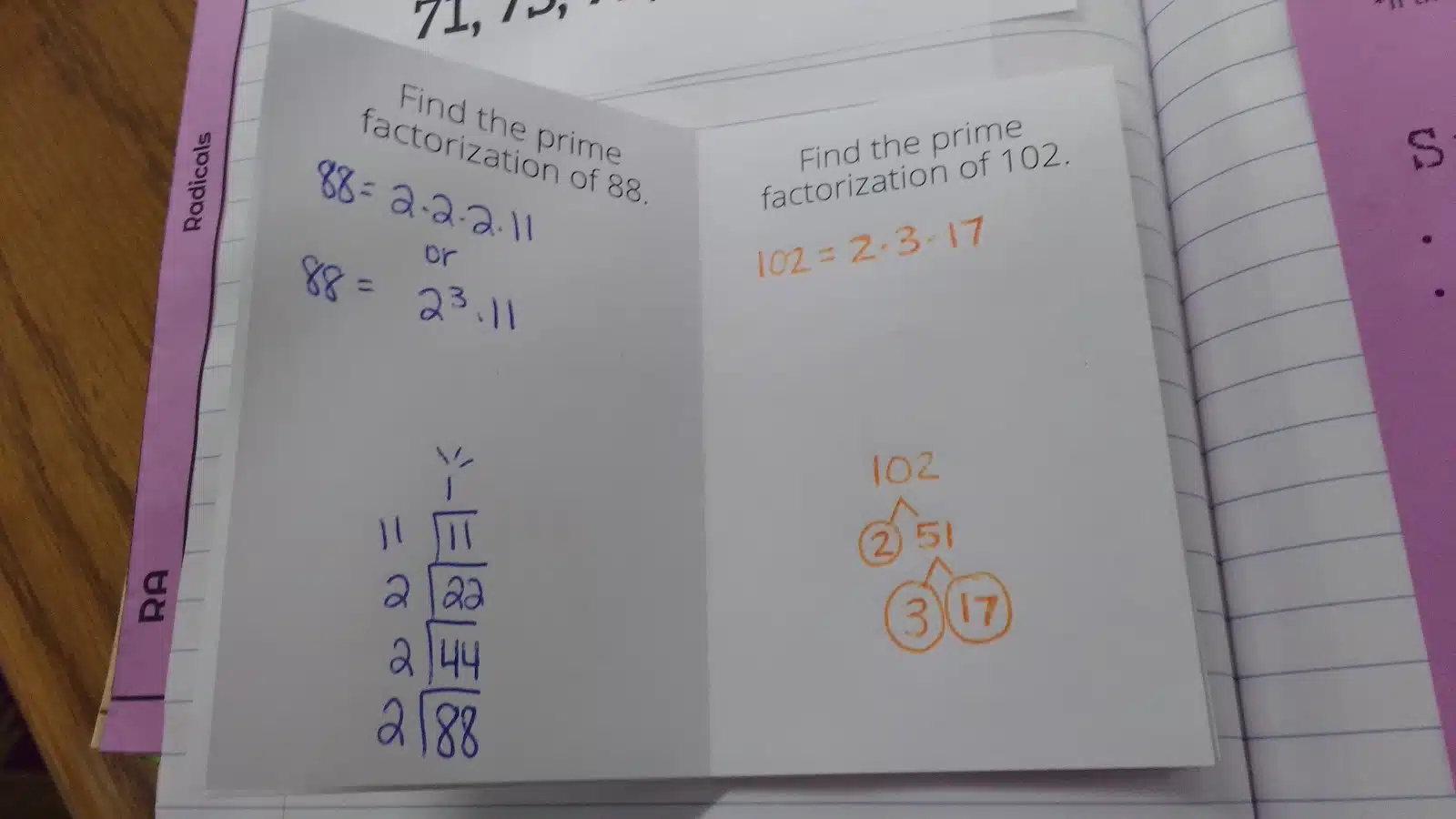 Inside of Prime Factorization Practice Book