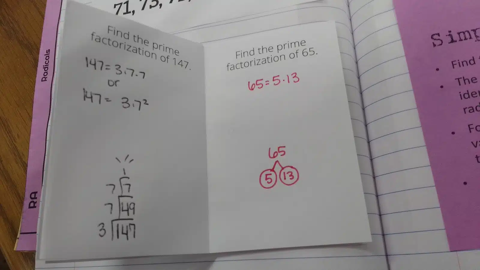 Inside of Prime Factorization Practice Book