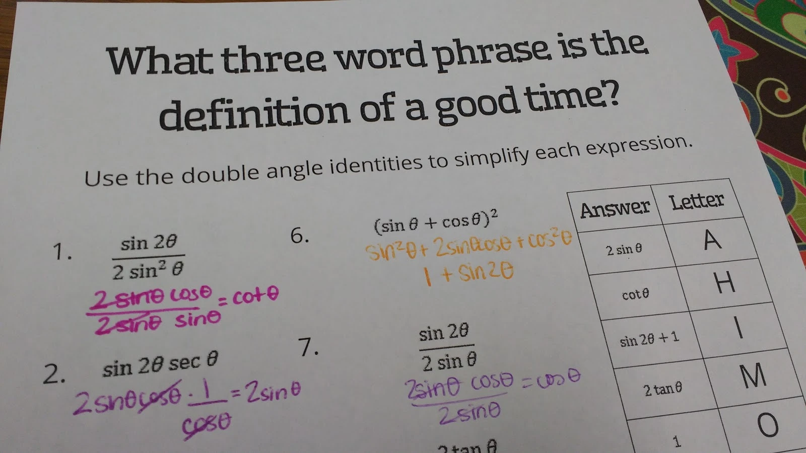 Mathematical Promposal Double Angle Identities Joke Worksheet In Double Angle Identities Worksheet