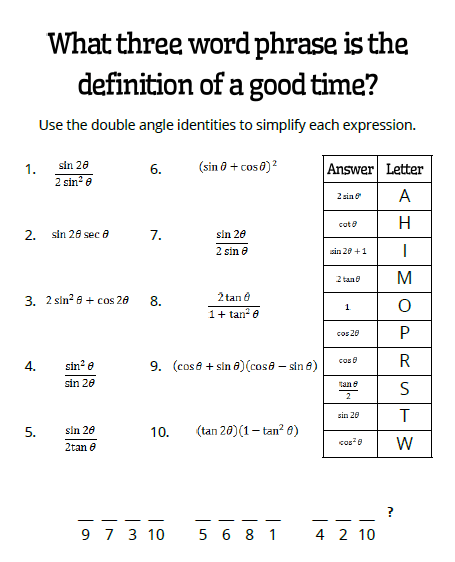 mathematical promposal double angle identities joke worksheet math love
