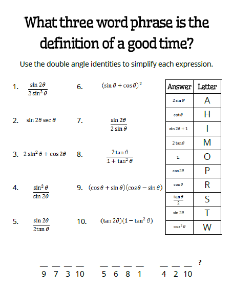 mathematical promposal double angle identities joke worksheet trig identities trigonometric 