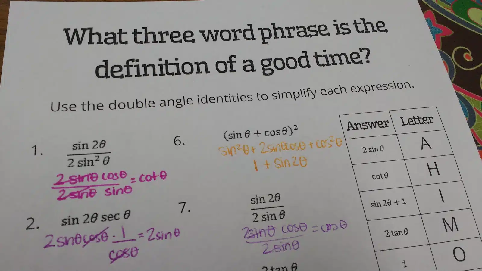 Mathematical Promposal Double Angle Identities Joke Worksheet | Math = Love
