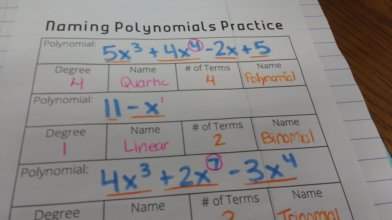 Naming Polynomials Practice Sheet