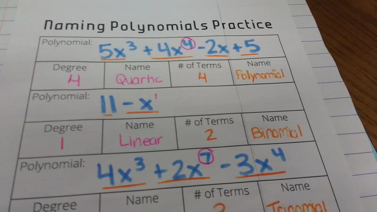 Naming Polynomials Practice Sheet