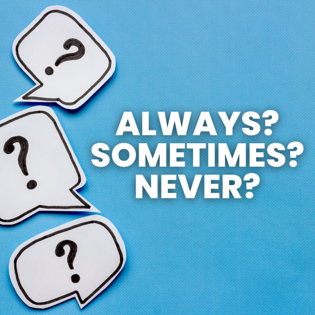 speech bubbles featuring question marks with text: "always? sometimes? never?" 