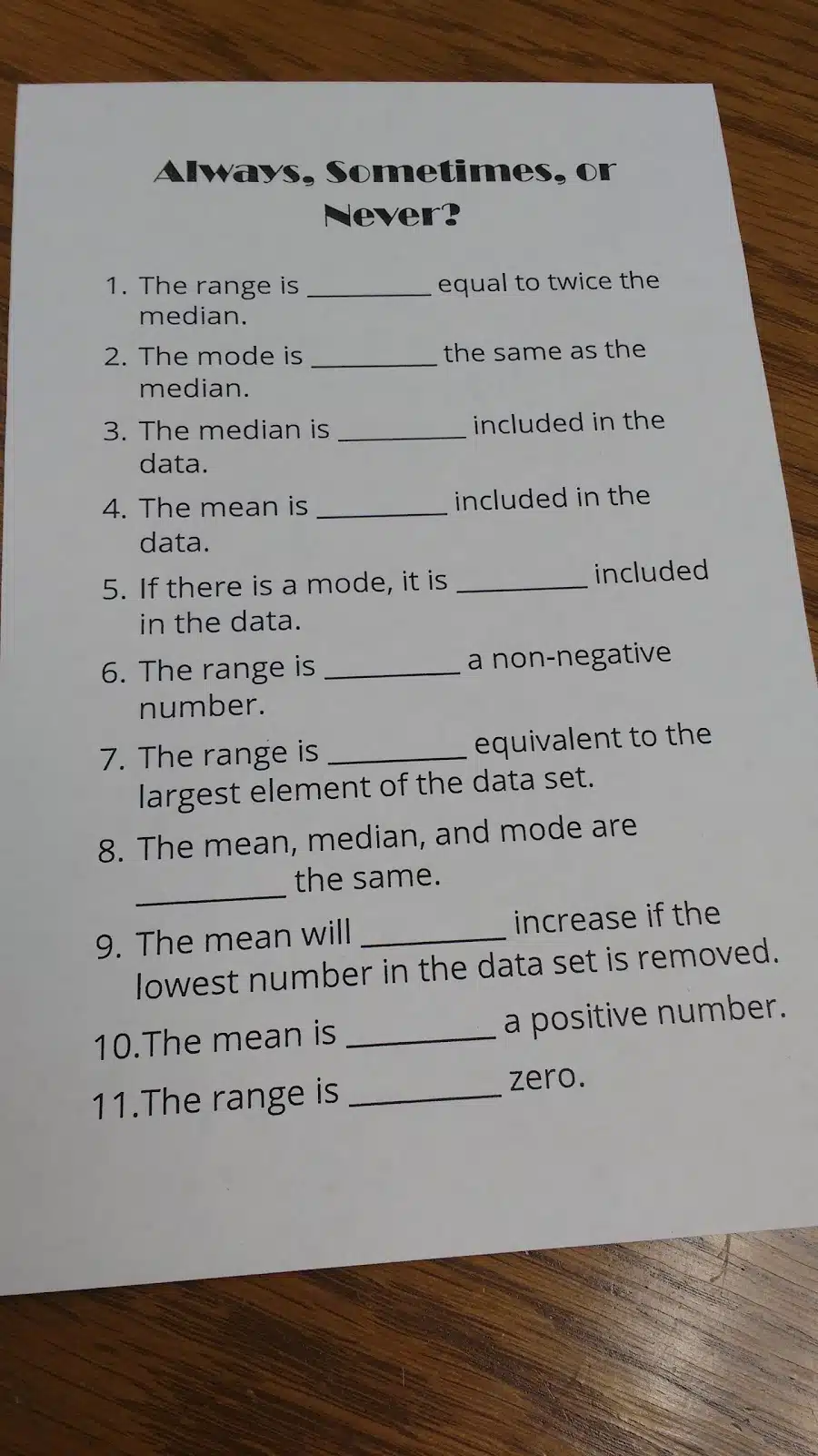 Always Sometimes Never Activity for Mean, Median, Mode, & Range