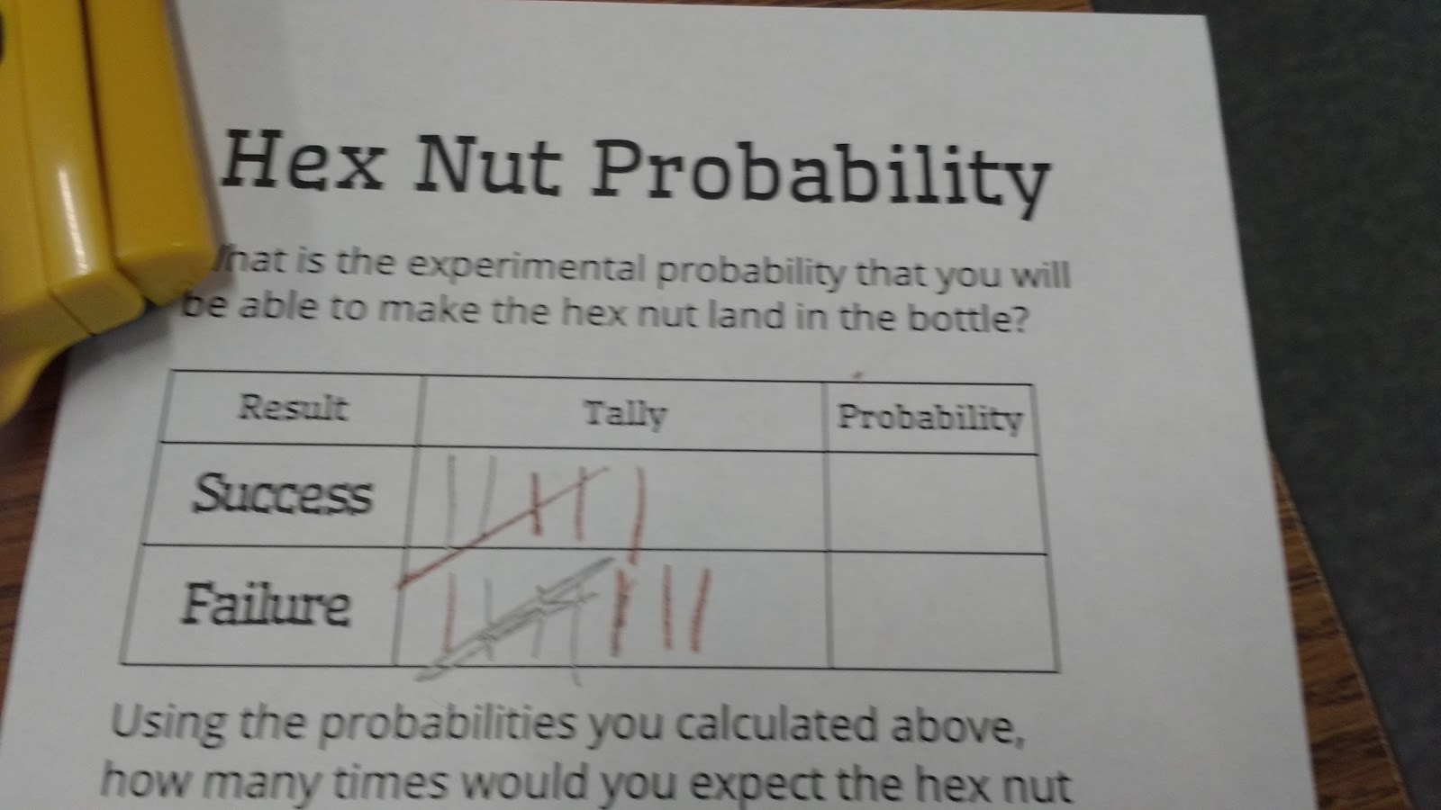 student data with hex nut probability activity. 