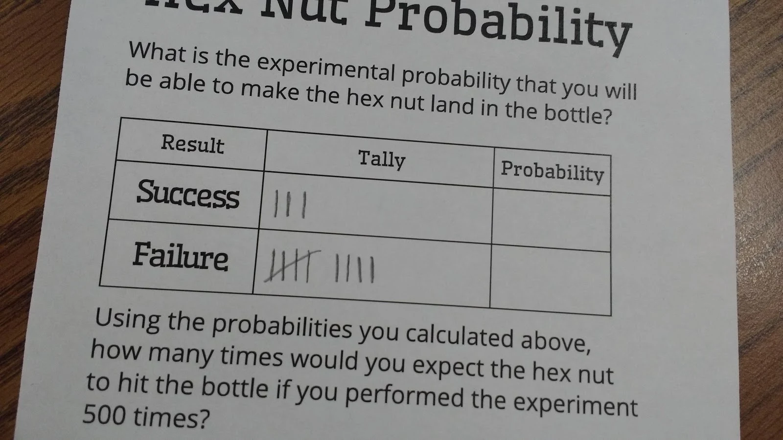 student data with hex nut probability activity. 