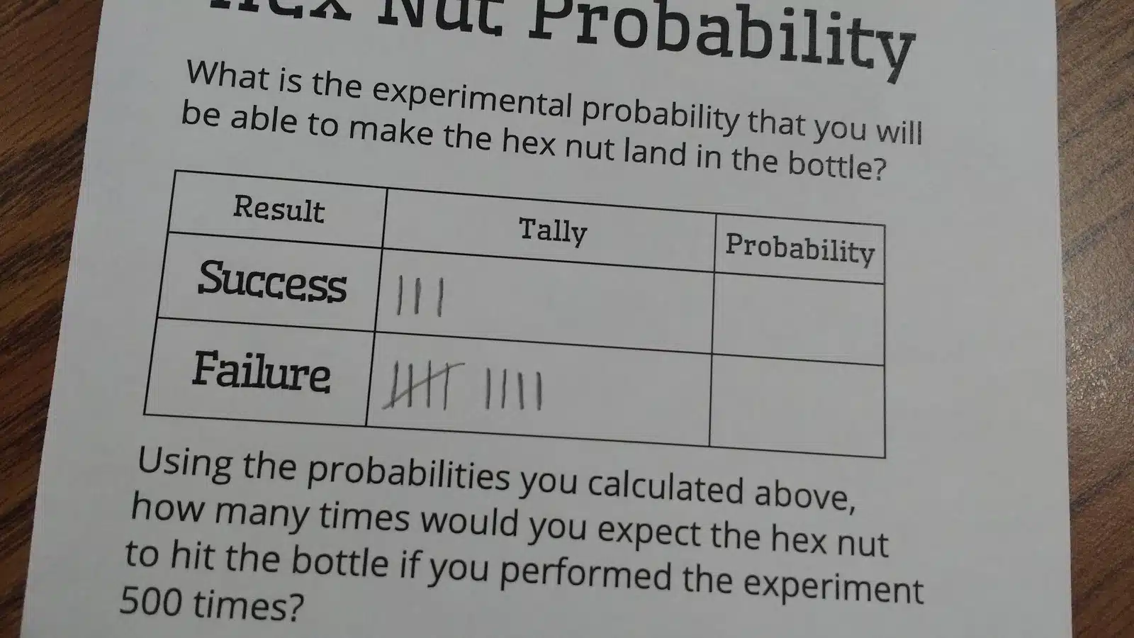 student data with hex nut probability activity. 