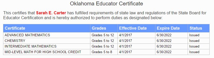 Oklahoma Educator Teaching Certificate