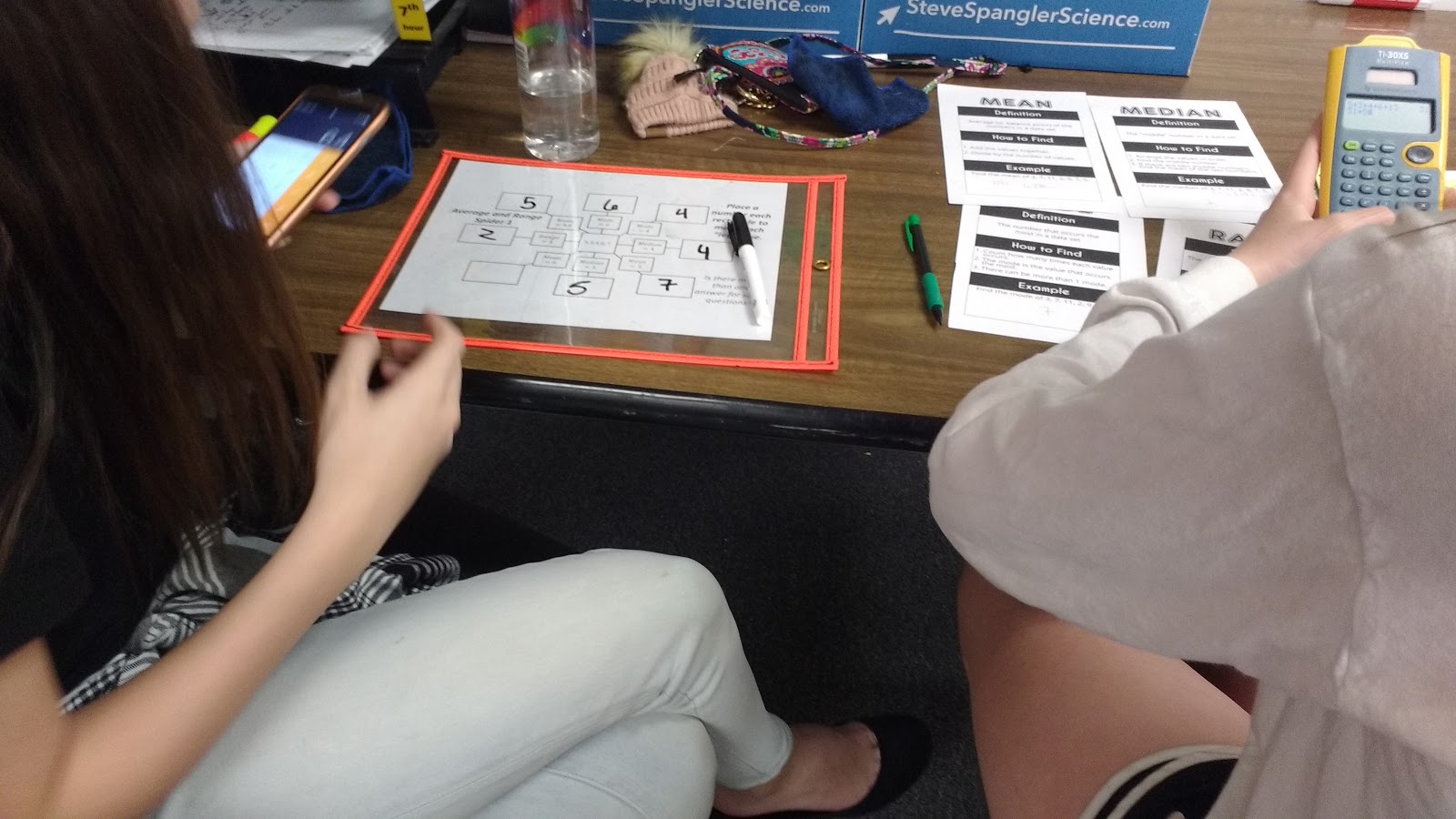 students working on mean, median, mode, and range spider puzzles