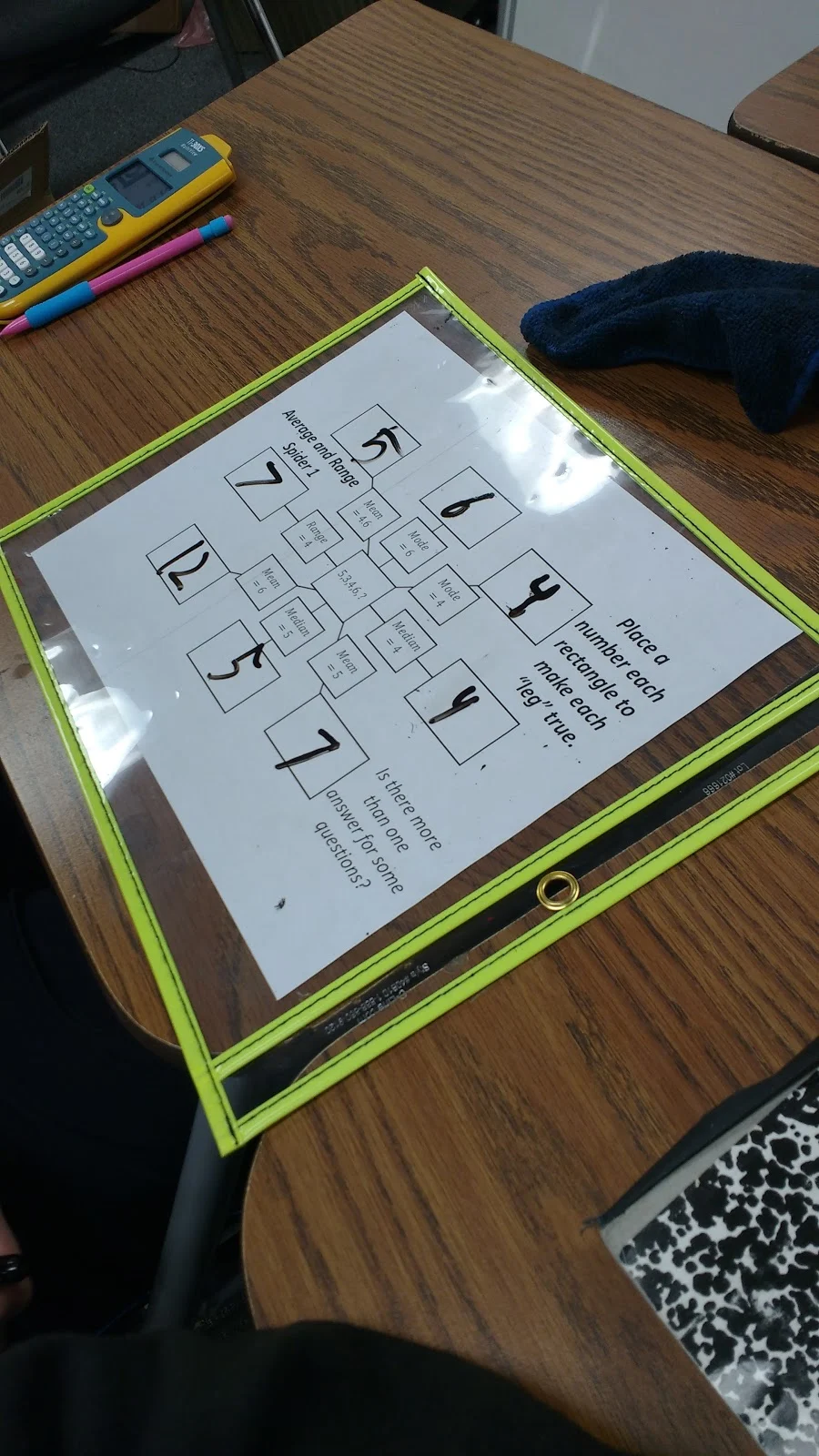 student solution to mean, median, mode, and range spider puzzles