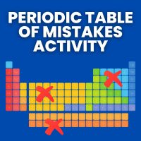 text: periodic table of mistakes activity; image: periodic table with three red x's on it