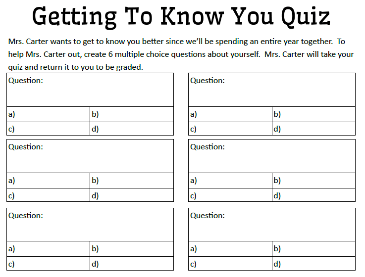Getting to Know You Quiz for First Week of School 