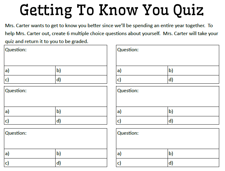 Four Squares of Learning - A Getting to Know You Worksheet