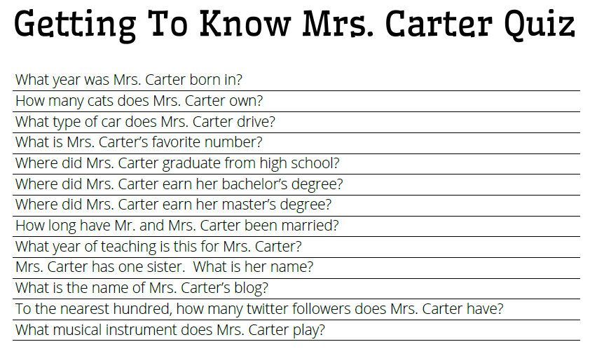 Getting to know games. Mrs does Chemistry Quiz.