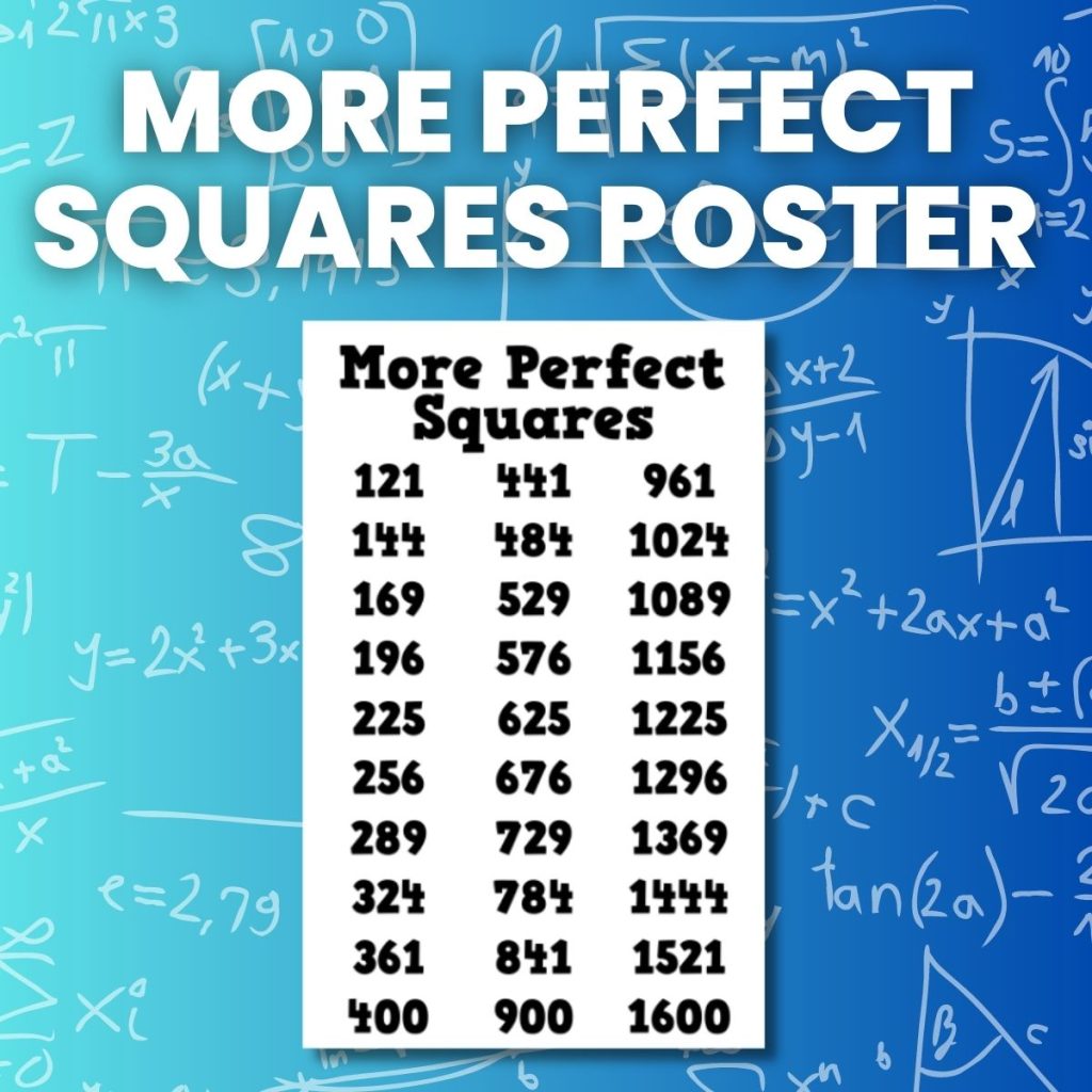 poster with perfect squares from 121 to 1600