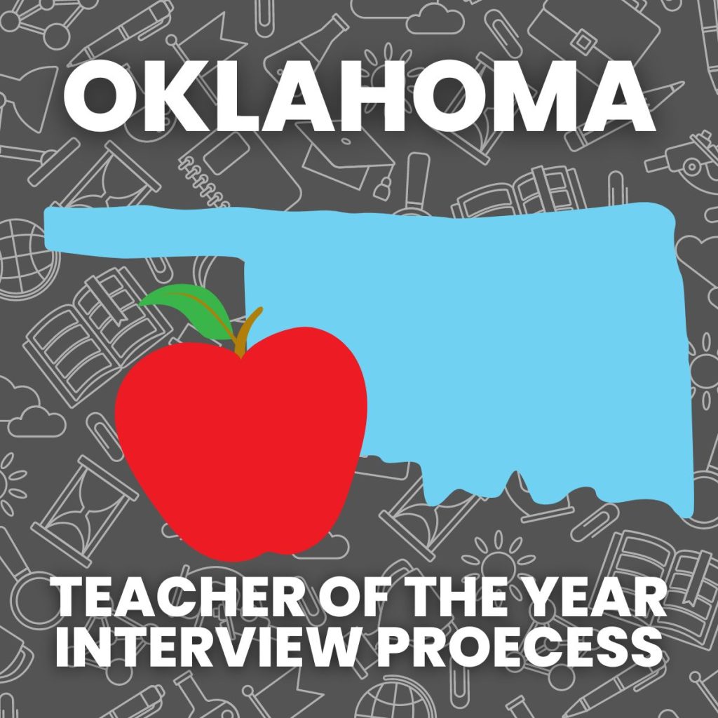 oklahoma teacher of the year interview process with outline of oklahoma and apple