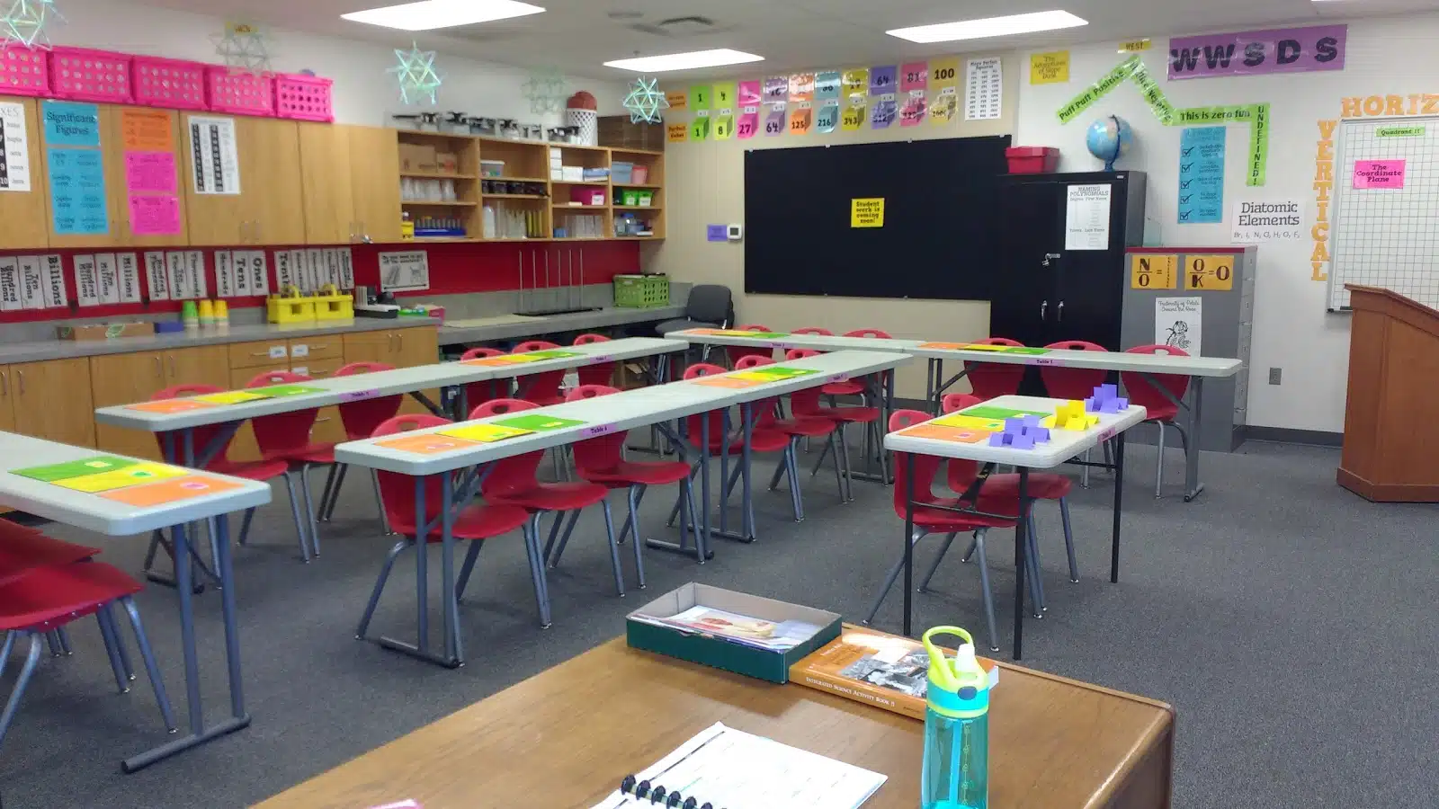 high school math classroom with "Student work is coming soon" poster on bulletin boards. 