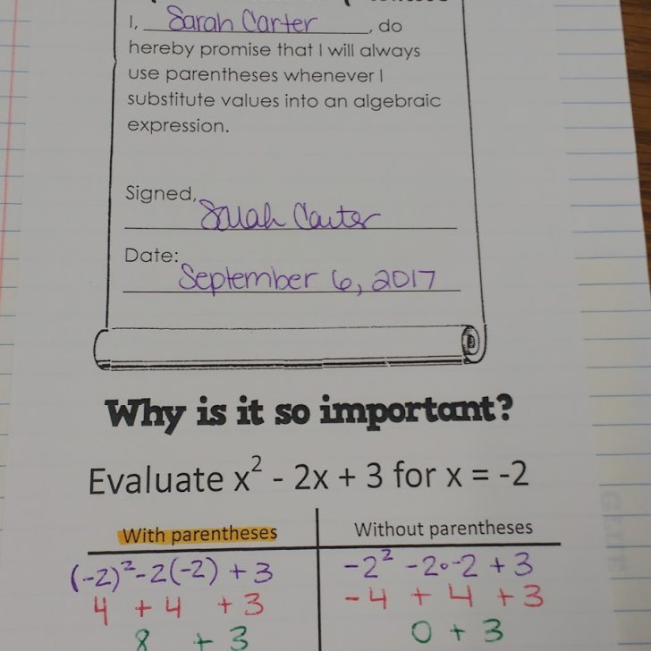 parenthetical promise notes in algebra 1 interactive notebook.