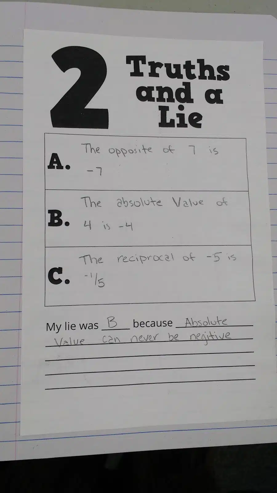 Two Truths and a Lie Template in Math Interactive Notebook