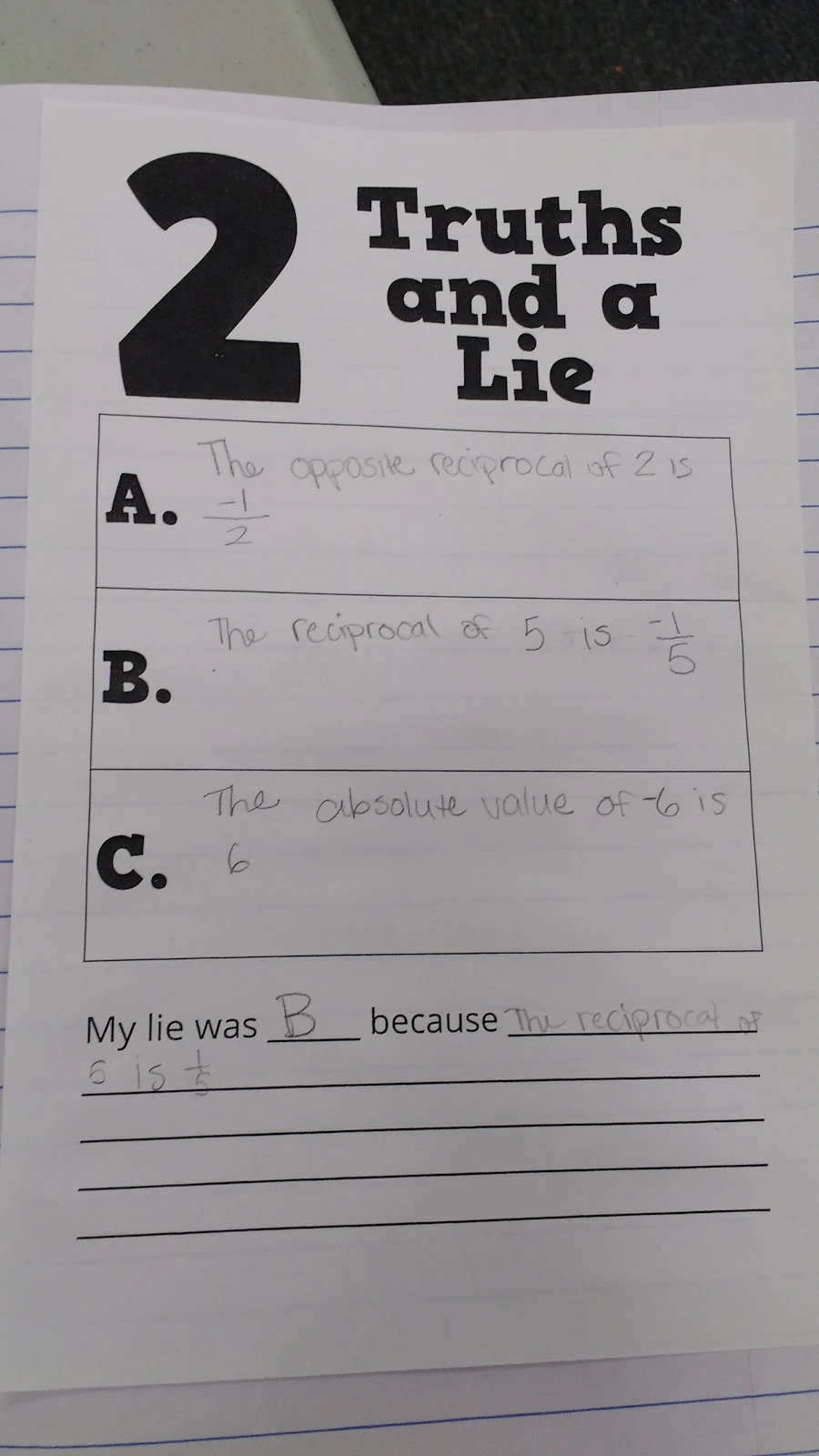 Two Truths and a Lie Template in Math Interactive Notebook