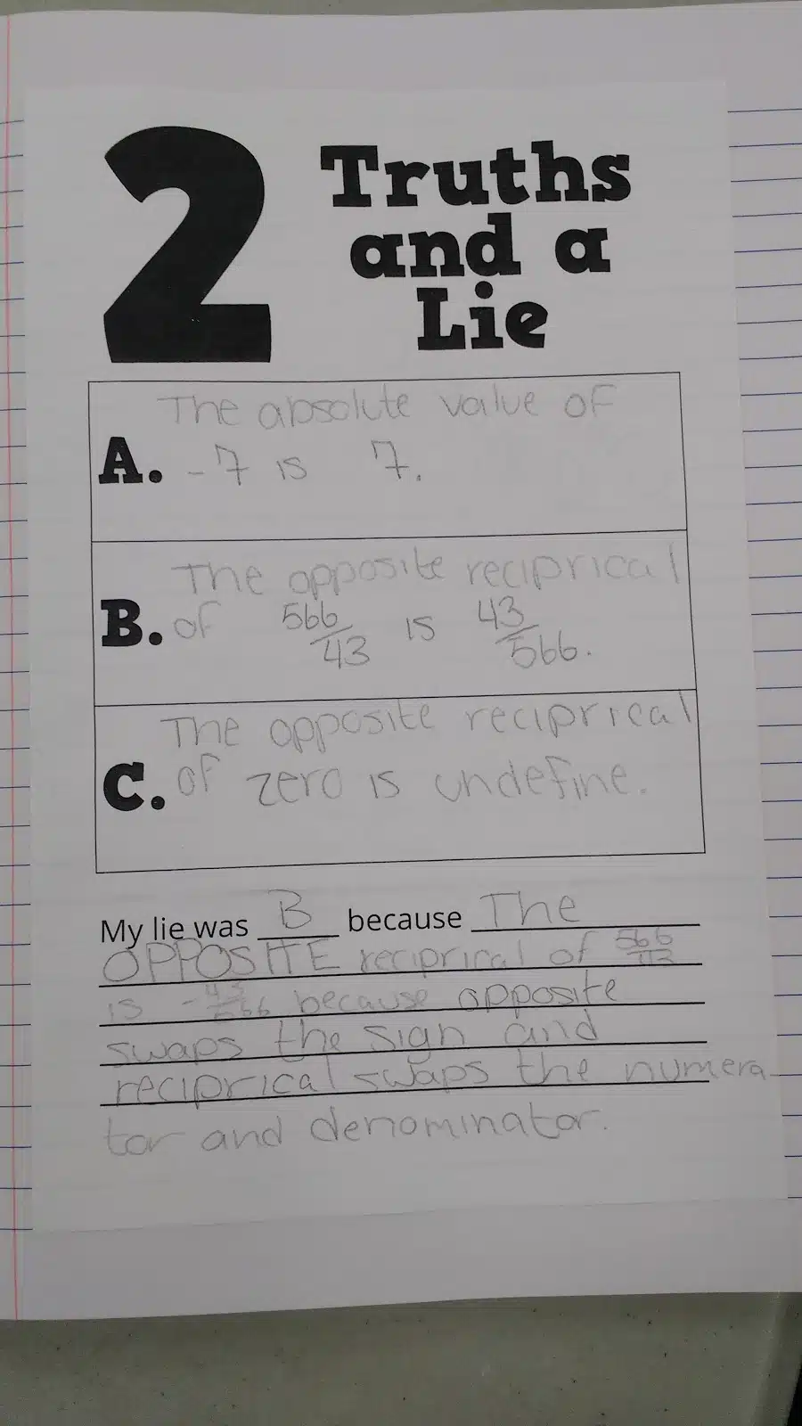 Two Truths and a Lie Template in Math Interactive Notebook