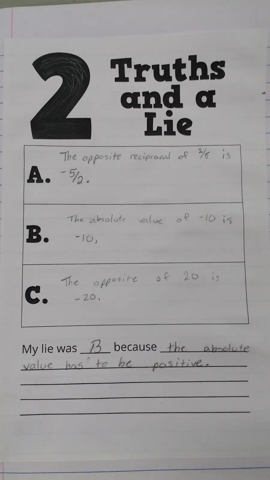 Two Truths and a Lie Template in Math Interactive Notebook