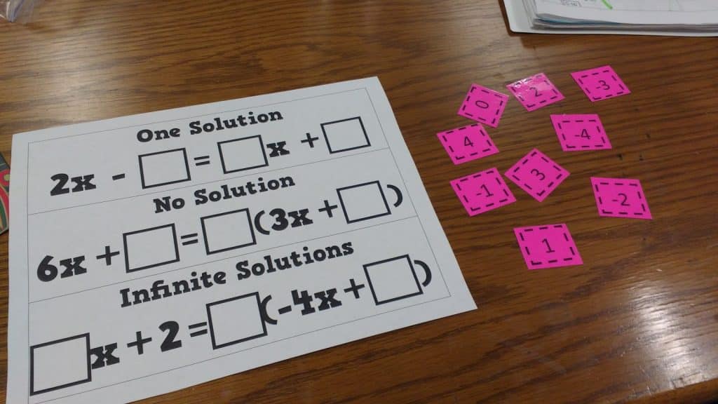 one solution, no solution, infinite solutions equation activity. 