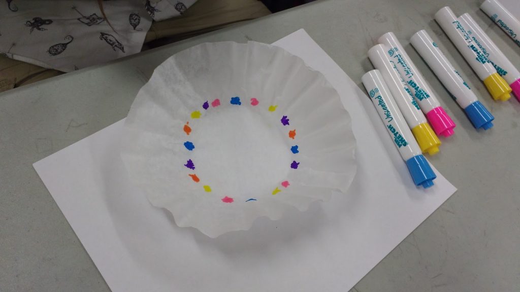 colored dot design on coffee filter. 