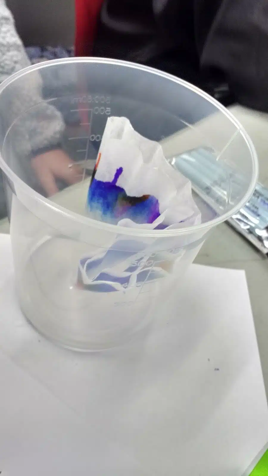 coffee filter chromatography in plastic beaker. 