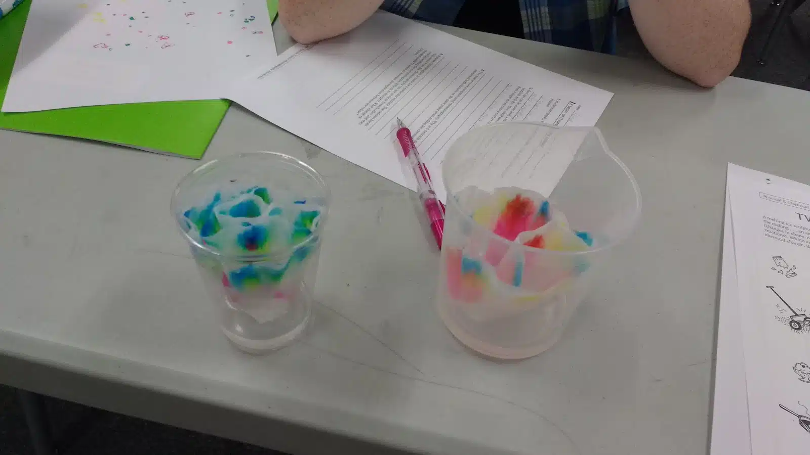 coffee filter chromatography in plastic beaker and plastic cup. 