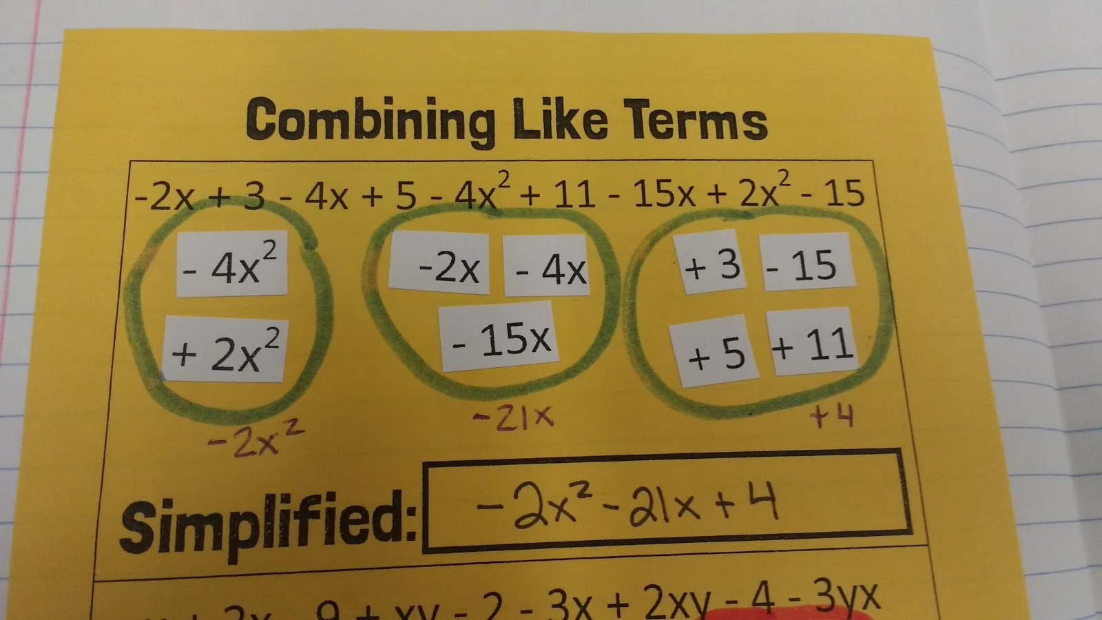 Combining Like Terms Cut and Paste Activity