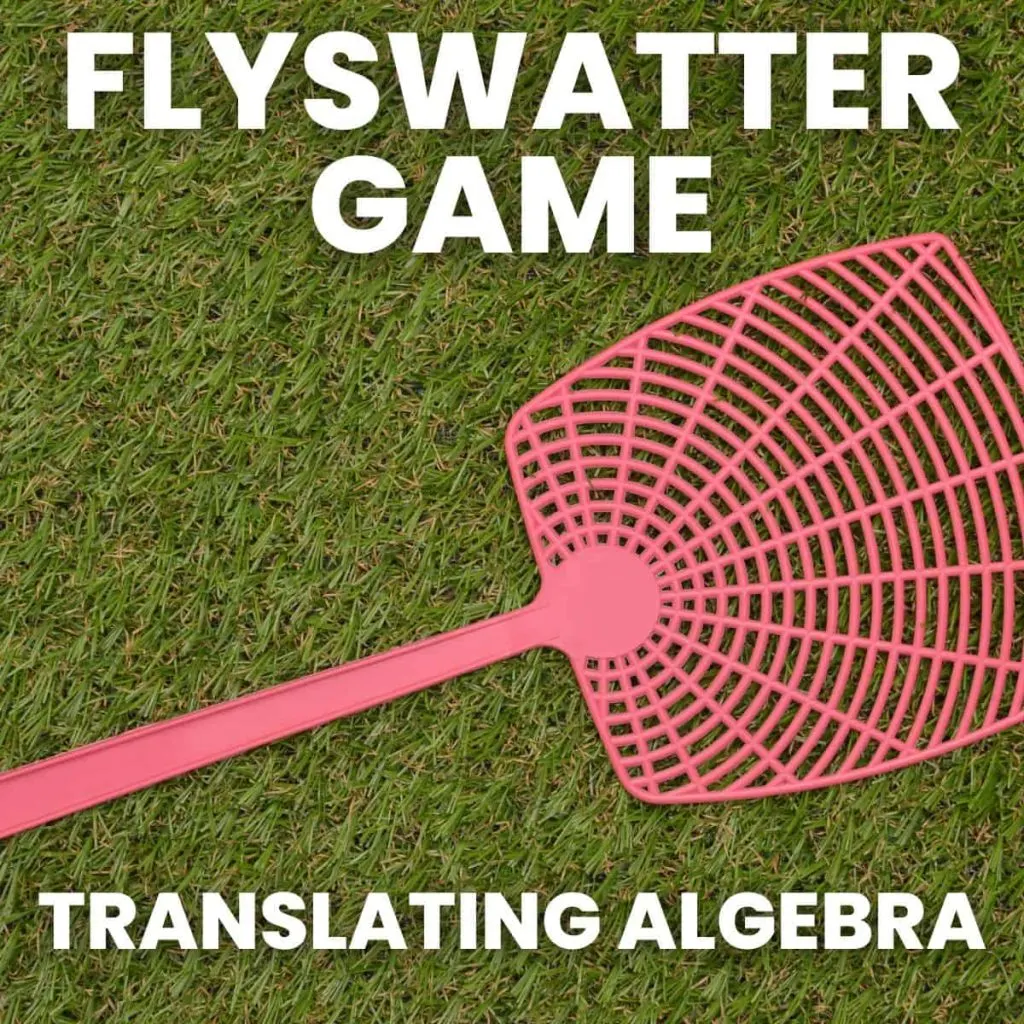 pink flyswatter with text "flyswatter game: translating algebra"