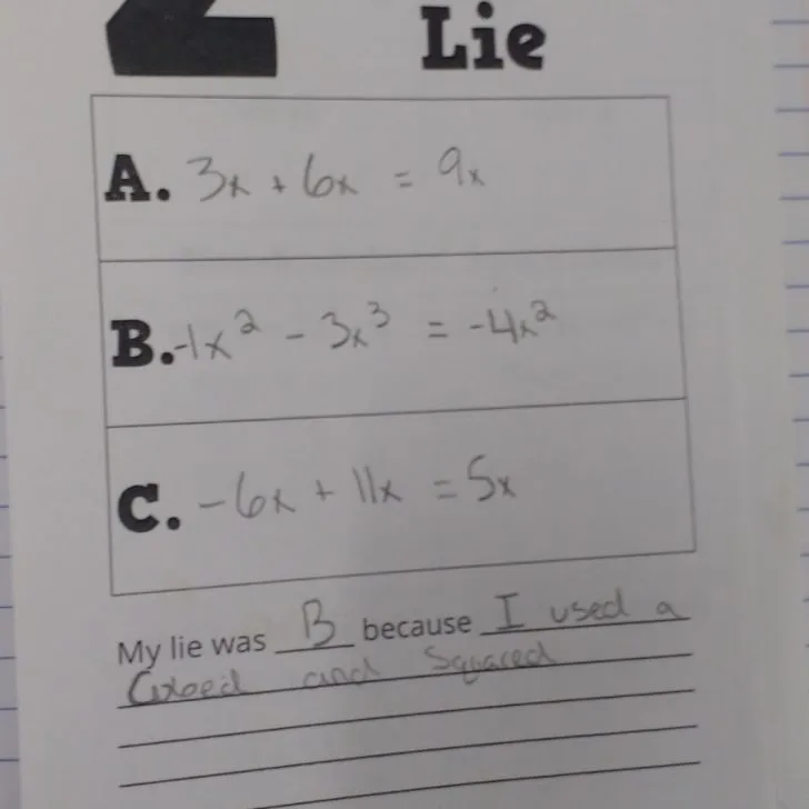 Two truths and a lie combining like terms activity.